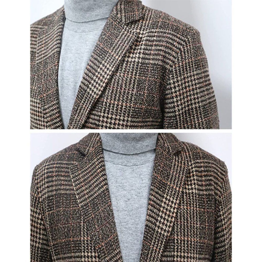 CLAU'S Plaid Long Trench Coat for Men Khaki - Picture 4 of 6